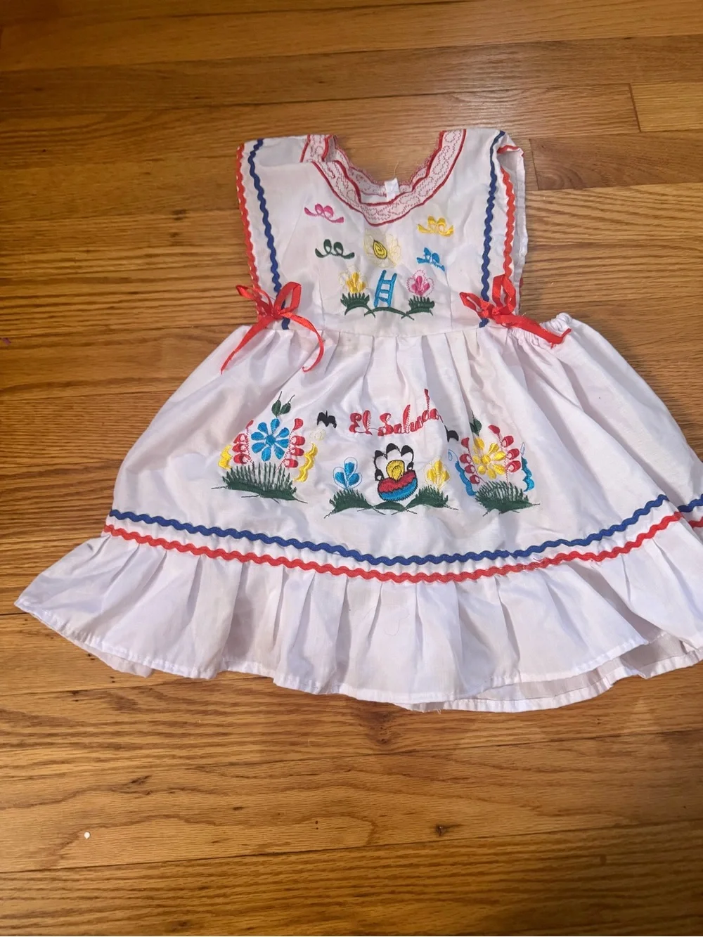 White Embroidered Floral Kids Dress with Red & Blue Trim